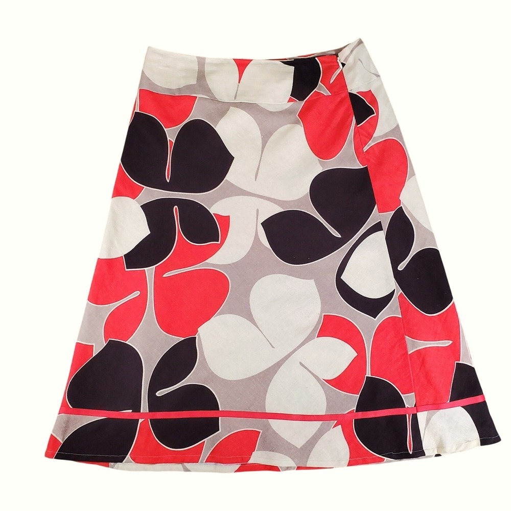 Linen Blend Floral Women Orange Brown Floral A-Line Midi Skirt Size 10 Side Zip